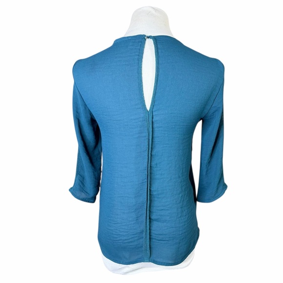 Zara W&B Collection Teal Sheer Mesh Panel Keyhole Back 3/4 Sleeve Blouse - Small - Picture 5 of 16